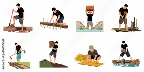 Illustration set of a man performing various agricultural and manual labor tasks such as digging, planting, harvesting, and building outdoors.