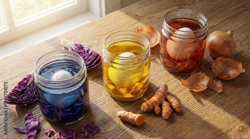 Panoramic shot of Easter eggs soaking in natural dyes from turmeric, red cabbage, and onion skins on a sunny wooden table