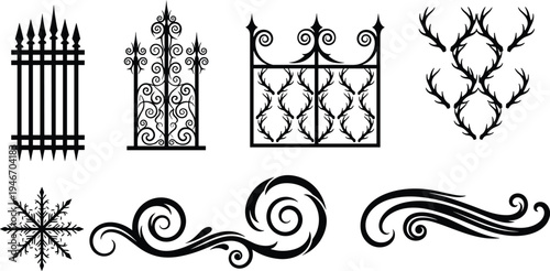Ornamental silhouette design set with wrought iron gates, decorative fences, deer antlers, swirl flourishes and snowflake elements, vintage vector illustration collection