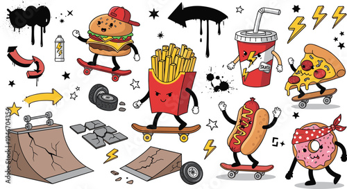 Funny fast food skateboard cartoon character set with burger fries soda pizza donut and street doodle elements isolated on white backgroundFunny fast food skateboard cartoon character set with burger 
