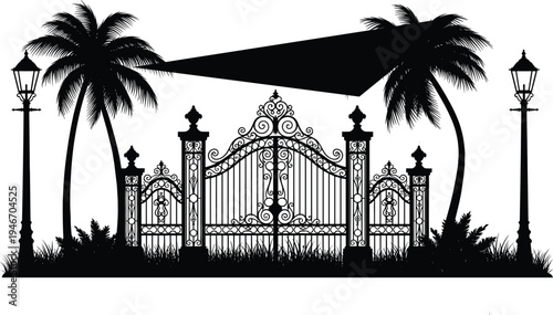 Ornate wrought iron gate silhouette with palm trees, garden fence, vintage street lamps and canopy shade, luxury entrance vector illustration design