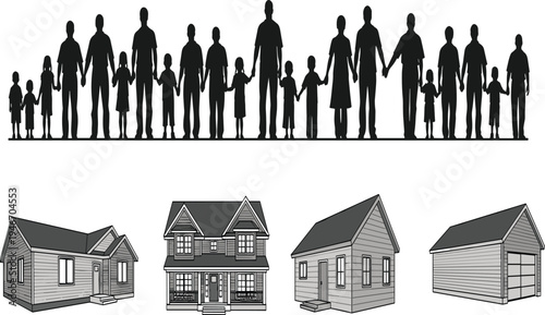 Silhouettes of diverse families holding hands above grayscale house illustrations, symbolizing community, housing, unity, and strong family bonds in residential design