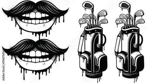 Graffiti dripping mouth with mustache and golf bag street art icon set combining urban style lips illustration and sports equipmentGraffiti dripping mouth with mustache and golf bag street art icon se
