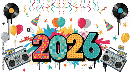 Colorful 2026 New Year party celebration design with balloons confetti vinyl records boombox and festive decorations isolated on white backgroundColorful 2026 New Year party celebration design with ba