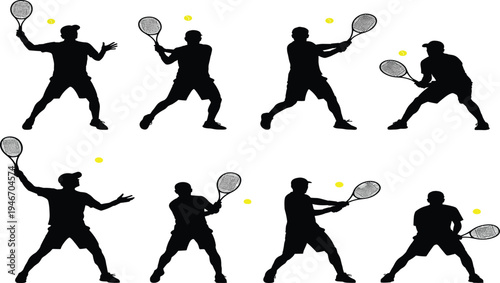 Silhouettes of tennis player performing forehand stroke sequence with racket and ball, showing dynamic athletic movement, technique, and sports training illustration