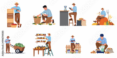 Set of flat vector illustrations of a farmer performing various tasks like harvesting, weighing produce, and using digital tools for farm management.