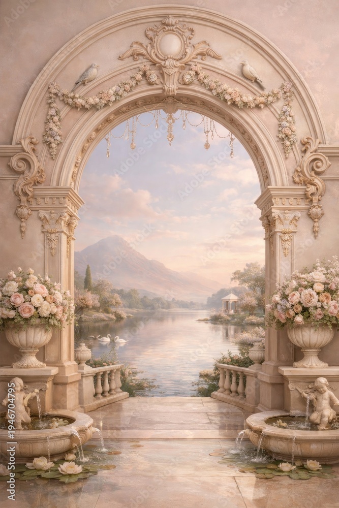 Fototapeta premium Elegant archway frames serene landscape.