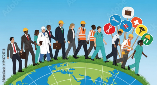 Diverse People Walking on Globe.