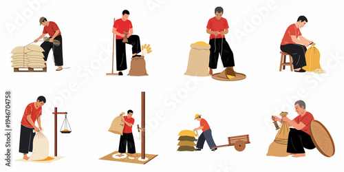 Set of vector illustrations depicting Asian workers or farmers processing, weighing, and transporting sacks of grain or rice, isolated on white background.