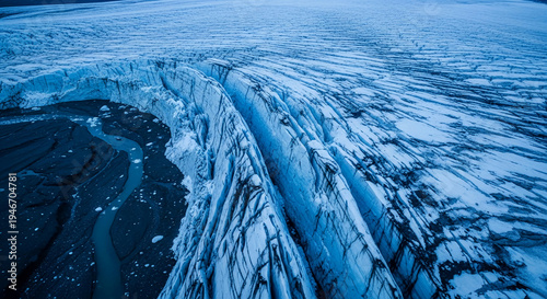 Aerial view of a glacial landscape with blue ice and a dark river, showcasing raw natural power and the effects of erosion, symbolizing climate change