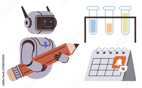 Artificial intelligence, productivity, scientific research, education tools, creative technology, future innovation. Robot with pencil, test tubes calendar alert. Artificial intelligence