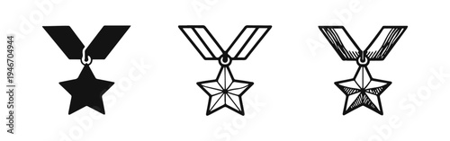 Star Medal with Ribbon Icon Set - Award, Achievement, and Honor Symbol