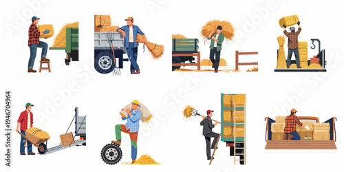 Collection of illustrations featuring male farmers harvesting hay, loading trucks, and carrying straw bales, representing agricultural manual labor and rural life.