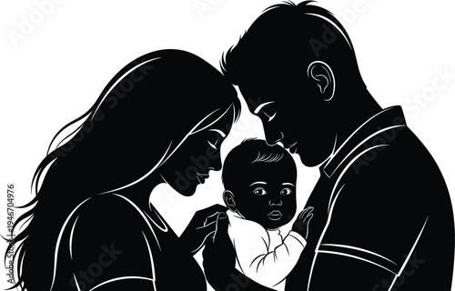 Parents holding newborn baby silhouette vector illustration, loving mother and father with infant, family bonding moment, parenting care and protection concept