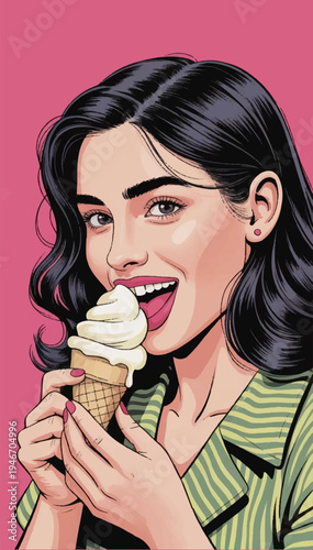 Ilustración vectorial hilarante linda joven comiendo helado de vainilla. Una vívida representación del arte pop contemporáneo.