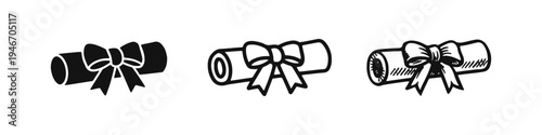 Rolled Diploma or Scroll with Ribbon Icon Set - Graduation and Achievement