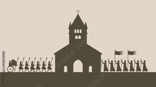 A medieval church with a procession of people and soldiers marching by in silhouette.