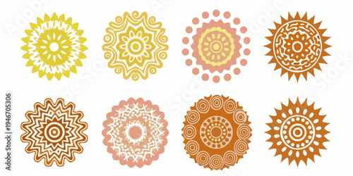 Eight geometric floral mandalas in shades of yellow orange and pink