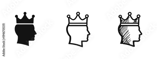 Head with Crown Icon Set: Royalty, Leadership, and Authority Symbols in Various Styles