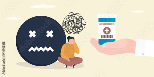 Doctor hand give bottle with antidepressants. Unhappy depressed female patient receiving medication for anxiety. Anxious woman patient trying to cure her depression.