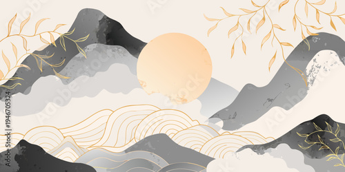 Abstract landscape with mountains waves and a golden sun