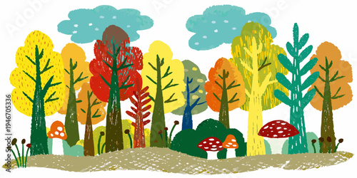 A colorful illustration depicts a forest scene with trees and mushrooms