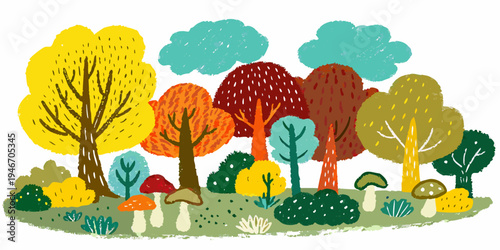 Colorful illustrated forest scene with trees mushrooms and whimsical foliage