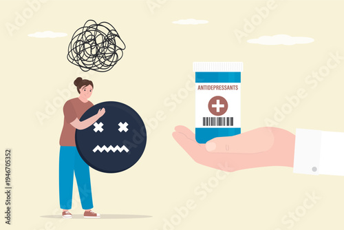 Doctor hand give bottle with antidepressants. Unhappy depressed female patient receiving medication for anxiety. Anxious woman patient trying to cure depression.