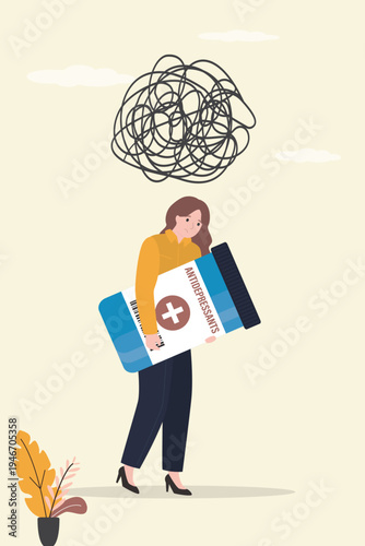 Sad woman carry bottle with antidepressants. Unhappy depressed female patient receiving medication for anxiety. Anxious woman patient trying to cure depression