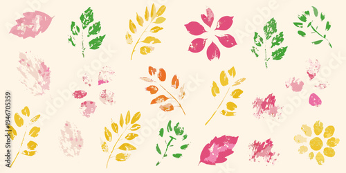 Colorful floral and leaf patterns created with a textured stamp style