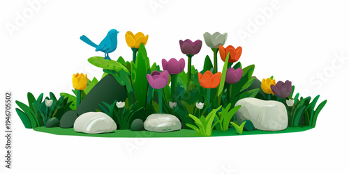Colorful tulips and a small blue bird in a whimsical garden scene