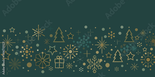 Festive holiday background featuring gold and teal winter themed illustrations