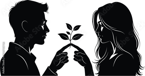 Romantic couple silhouette exchanging young plant, symbol of love growth, relationship care, sustainability concept, man and woman facing each other vector illustration