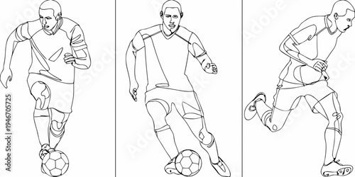 Sketch of a soccer player in motion depicted across three panels