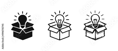 Light Bulb in Open Box Icon Set: Thinking Outside the Box, Creativity, and Innovation Symbols in Various Styles
