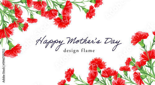 母の日の赤いカーネーション水彩フレーム背景｜Happy Mother's Day メッセージ入りの華やかなボタニカルデザイン素材