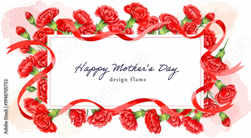 母の日の赤いカーネーションとリボンの水彩フレーム背景｜Happy Mother's Dayメッセージ入りの華やかなボタニカルデザイン素材
