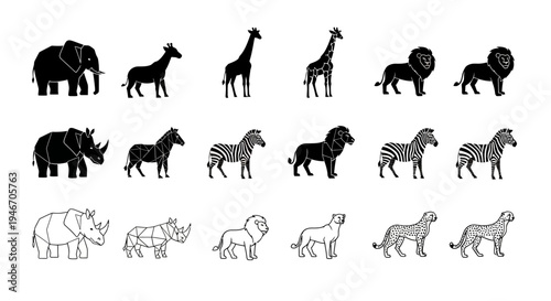 Diverse safari animals collection with elephants giraffes lions rhinos zebras cheetahs in various art styles silhouette and outline