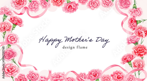 母の日のピンクカーネーションとリボンの水彩フレーム背景｜Happy Mother's Dayメッセージ入りのやさしいボタニカルデザイン素材（カード・バナー・広告向け）