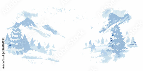 Abstract watercolor painting of snow capped mountains and evergreen trees