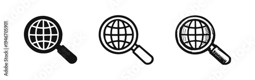 Magnifying Glass with Globe Icon Set: Global Search, Internet, and Worldwide Information Symbols in Various Styles
