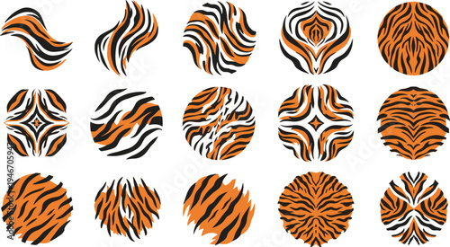 Vector set of abstract tiger skin pattern circles and decorative animal print shapes with orange and black stripes for exotic wild life themes.