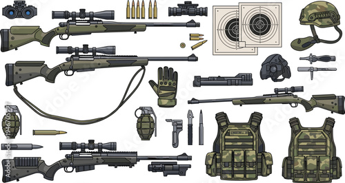 Military equipment vector set with sniper rifles, tactical vest, helmet, grenades and shooting targets, detailed army gear illustration collection for defense and combat design
