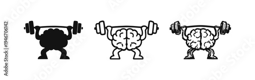 Brain Training and Mental Strength Icon Set with Brain Lifting Weights
