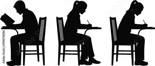 Student studying silhouette set, boy reading book and girl writing at desk, school learning activity, education study concept vector illustration