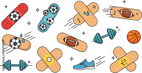 Sports injury bandage cartoon icon set with adhesive plasters, football, basketball and fitness elements, playful medical first aid illustration collection for healthcare design