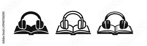 Audiobook Reading and Learning Icon Set with Book and Headphones Symbol