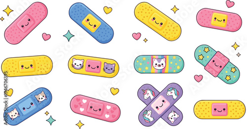 Cute kawaii bandage cartoon sticker set with smiling adhesive plasters, colorful medical patch characters with hearts, stars and animals for kids healthcare illustrations