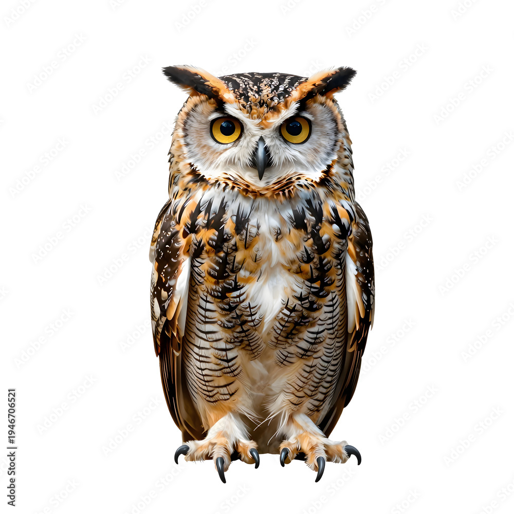 Obraz premium Majestic great horned owl staring directly at the viewer on a white background