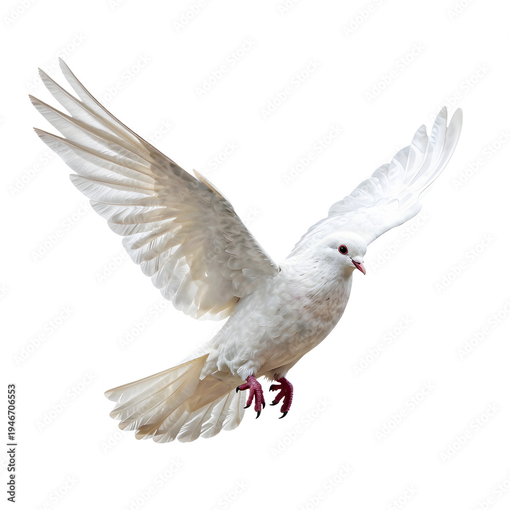 Fototapeta premium Beautiful white dove spreads its wings and soars through the air gracefully